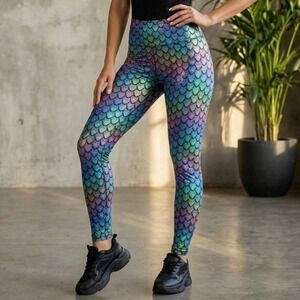 Mermaid Fish Scale Leggings Womens XS Rainbow High Rise Multicolor Knit Pants